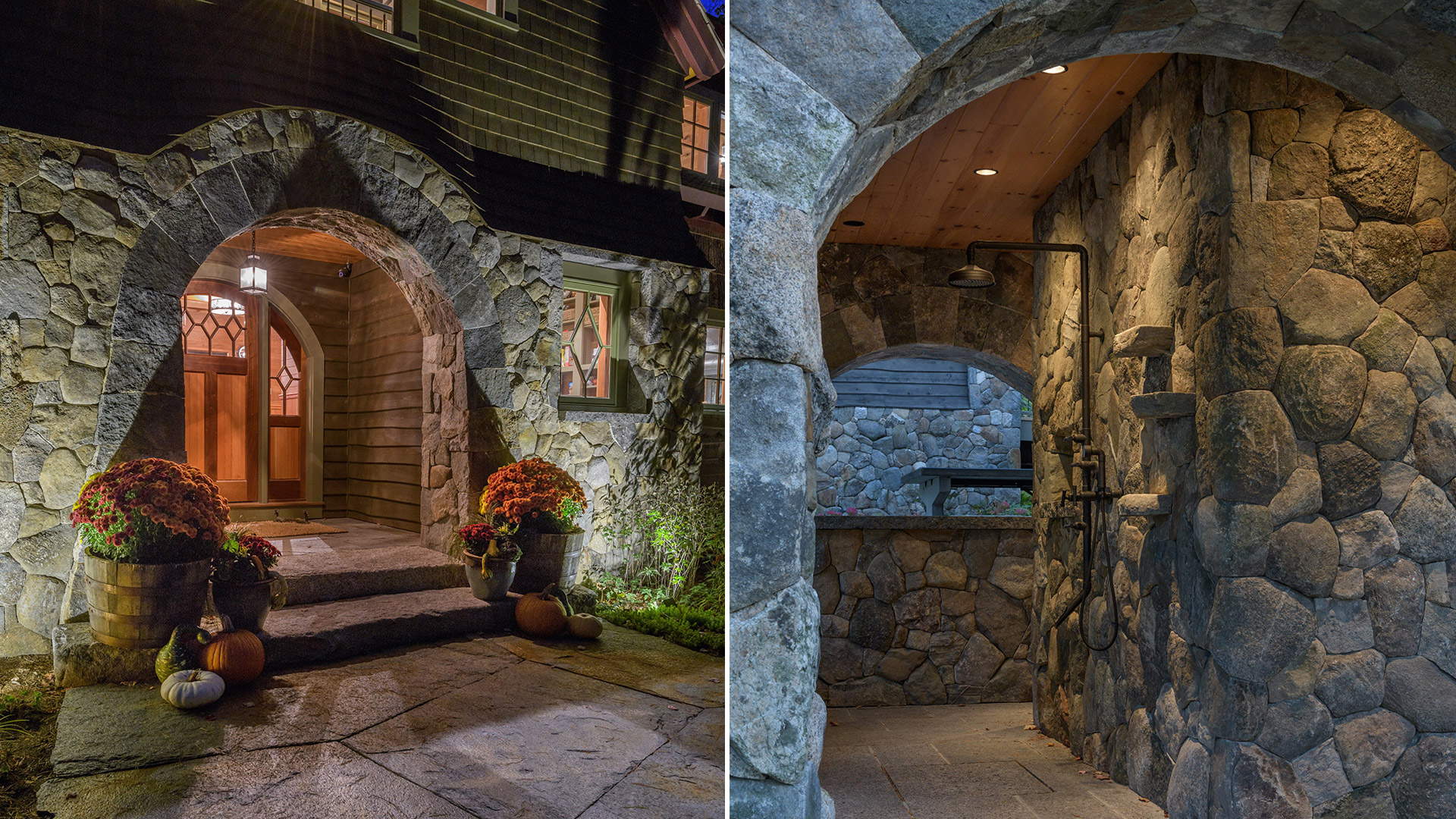Alton, New Hampshire arched stone entrance and stone outdoor shower