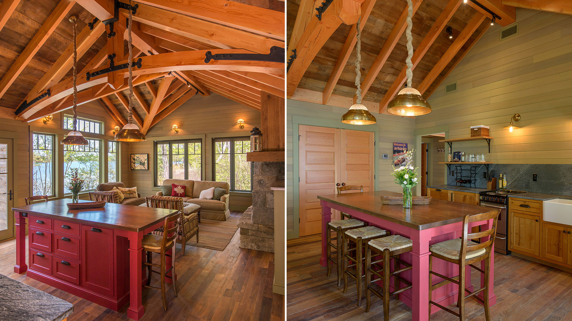 Alton New Hampshire Guest House kitchen with eat in island and steel plated timber truss