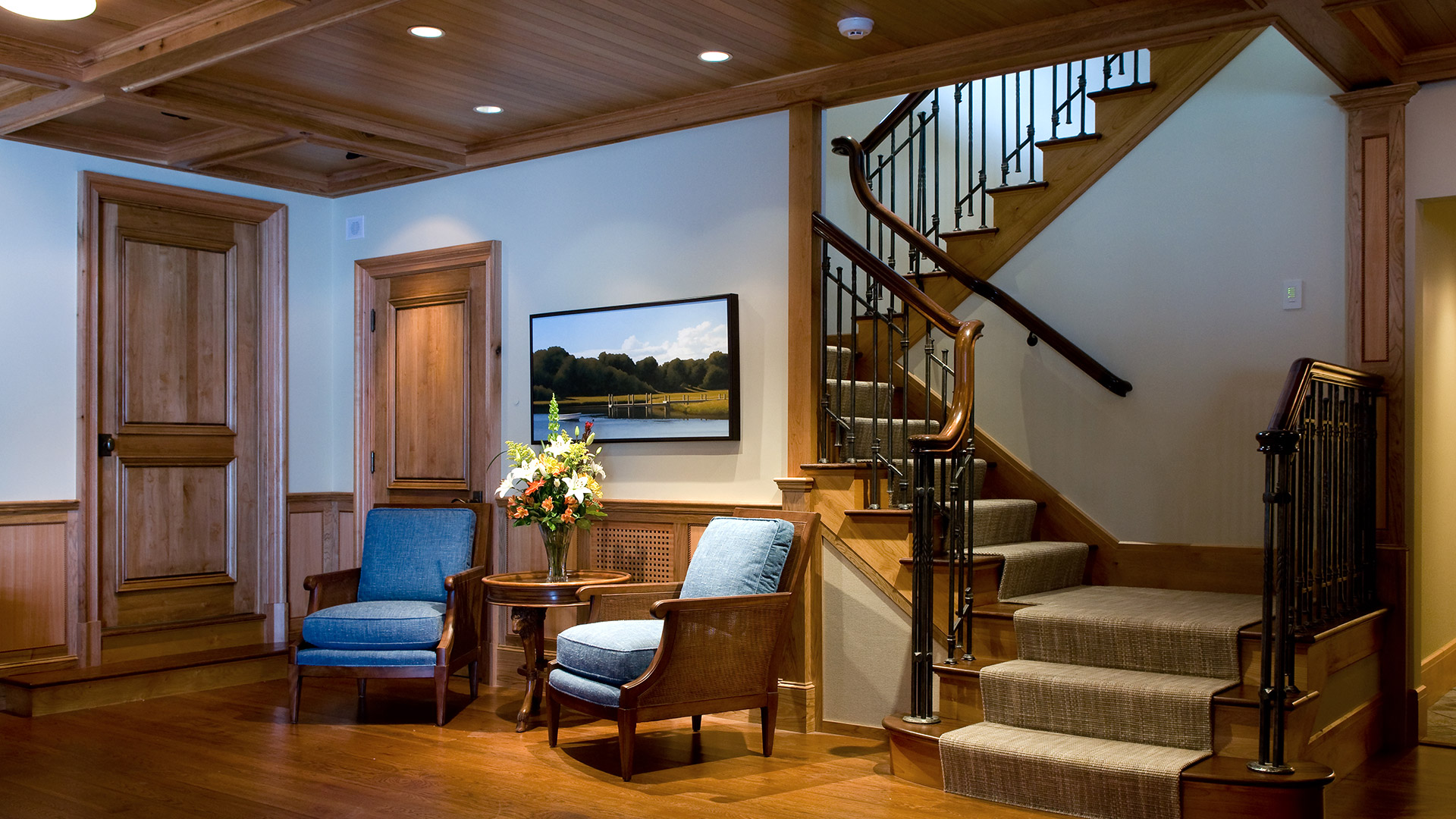 Lake Wentworth, New Hampshire basement stair with custom metal balusters