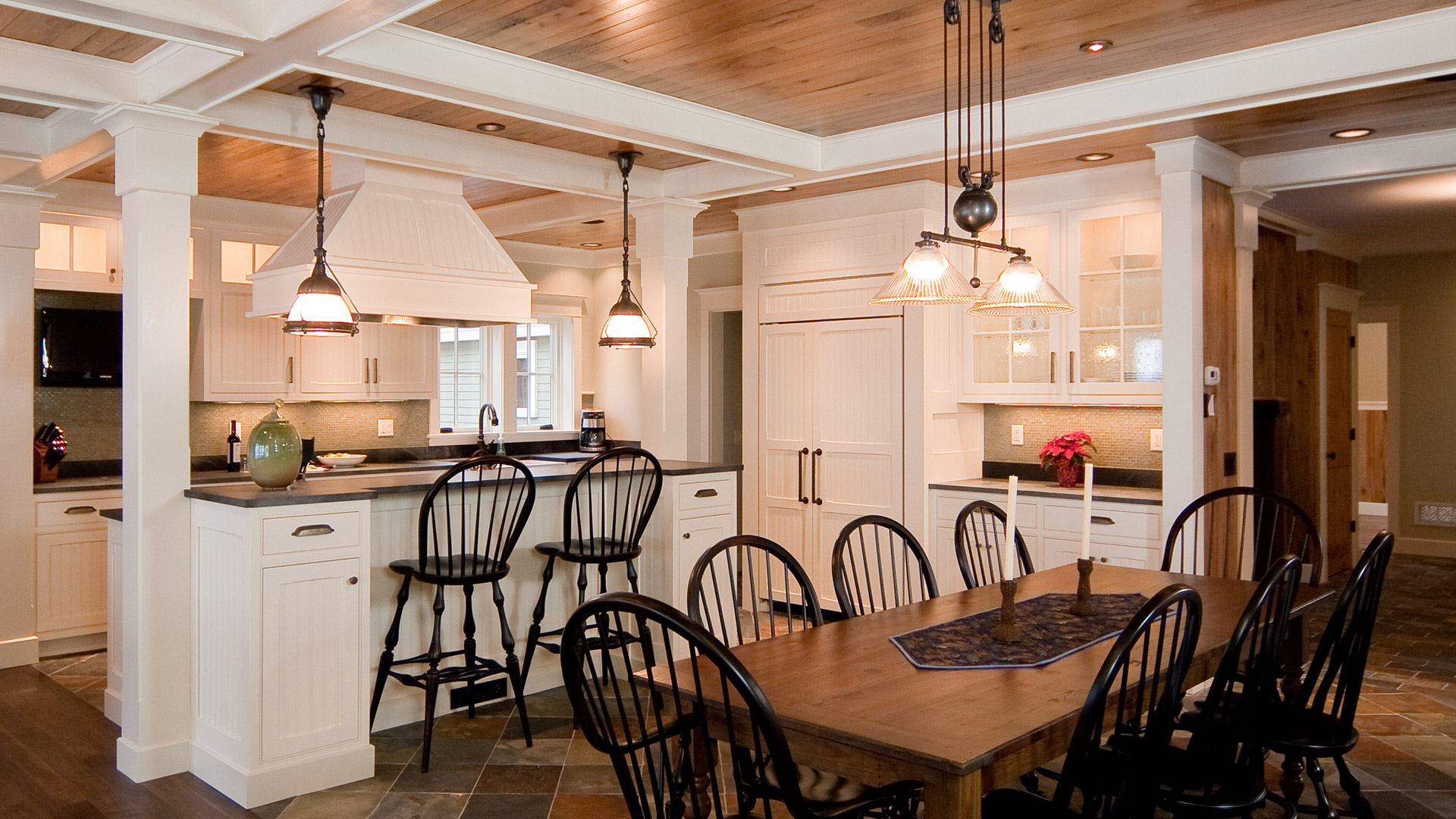 Lake Champlain Vermont dining room and kitchen with island