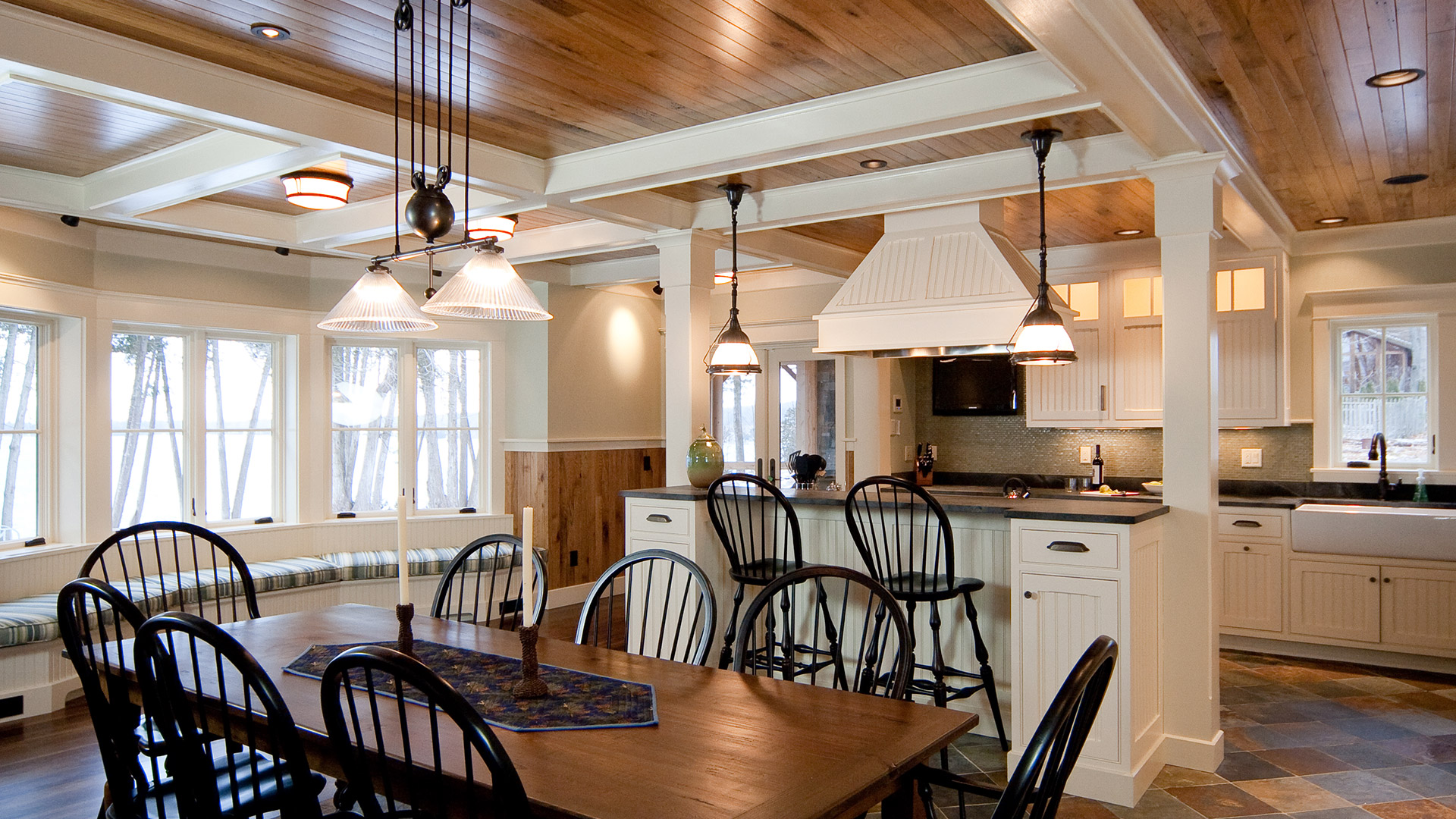 Lake Champlain Vermont kitchen and dining room with breakfast nook