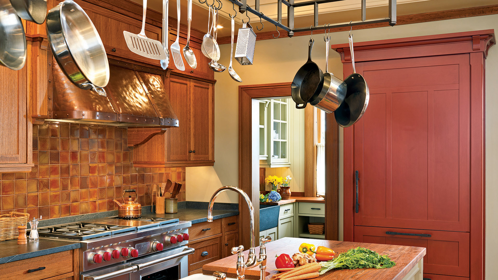 Newport Rhode Island kitchen with gas range and copper hood