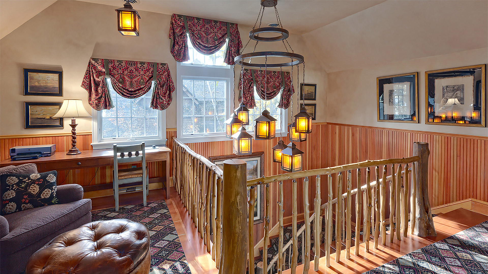 Pinyon Retreat Adirondack style house on Lake Winnipesaukee stair with twig balusters