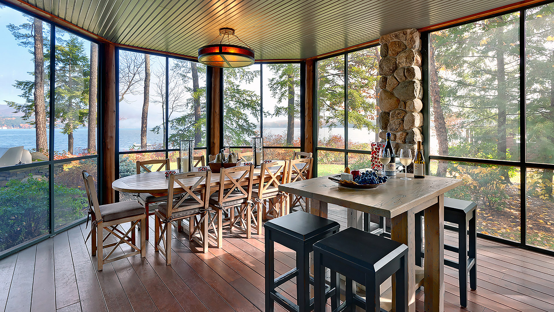 Pinyon Retreat Adirondack style house on Lake Winnipesaukee screened porch