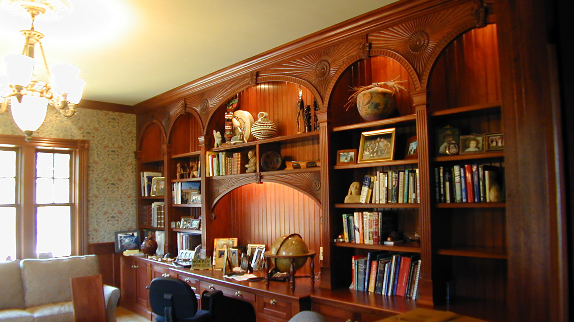 Concord Massachusetts wood carved office desk with bookcases