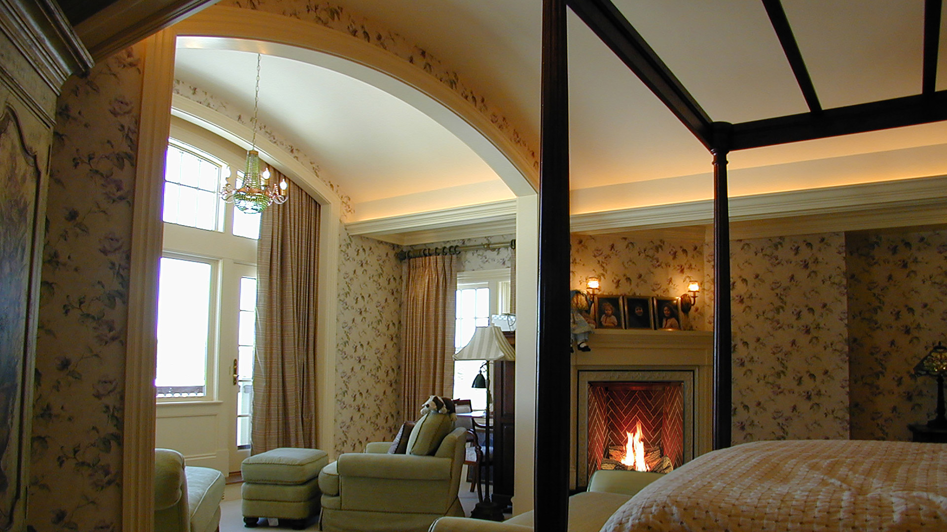 Concord Massachusetts master bedroom fireplace and barrel vaulted ceiling