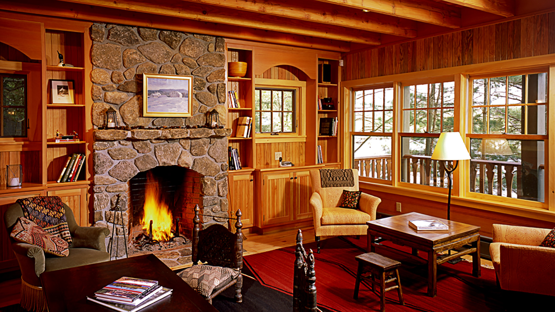 Silver Lake, New Hampshire rustic living room with stone fireplace