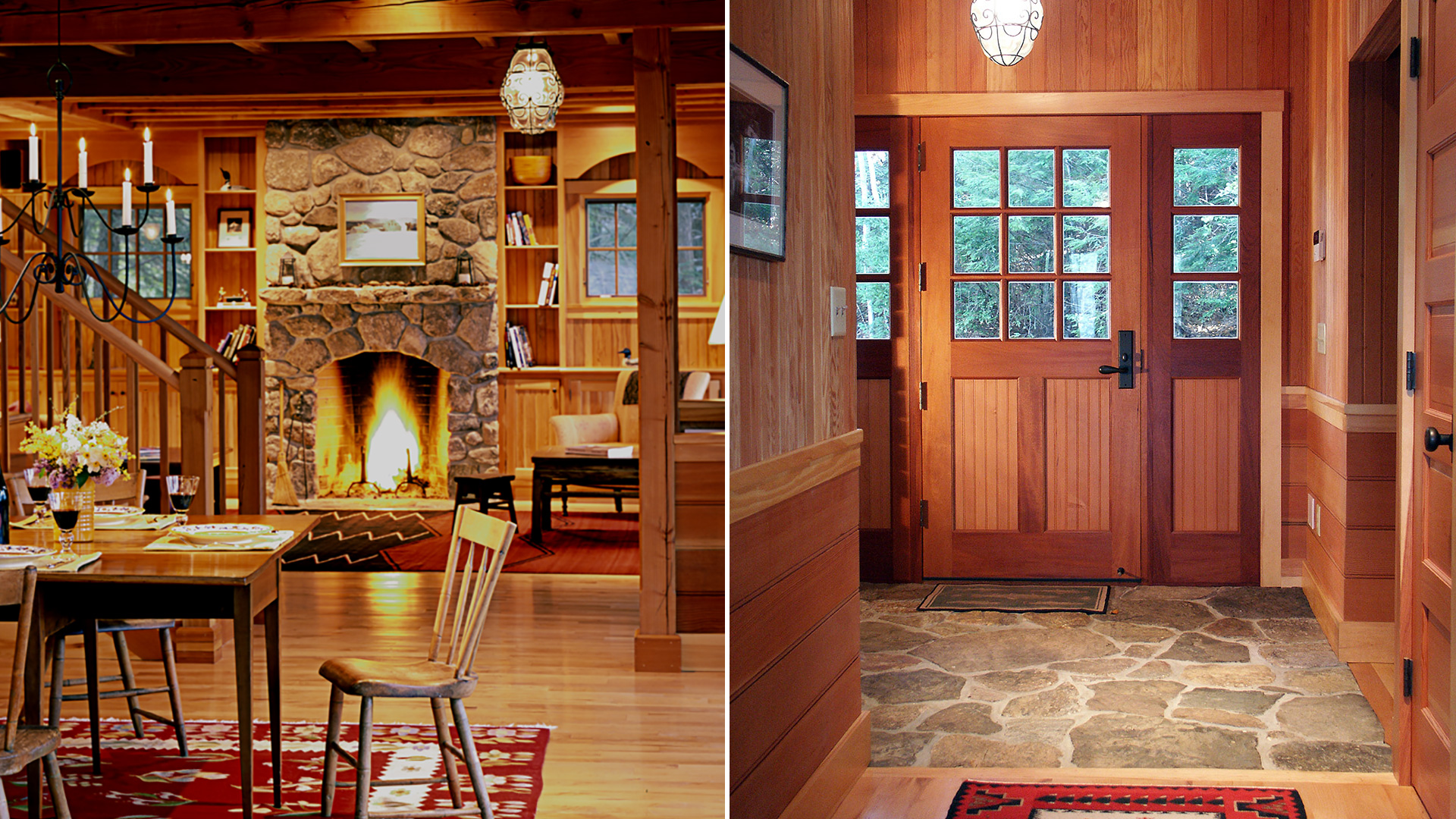 Silver Lake, New Hampshire rustic interiors of entry door and stone fireplace