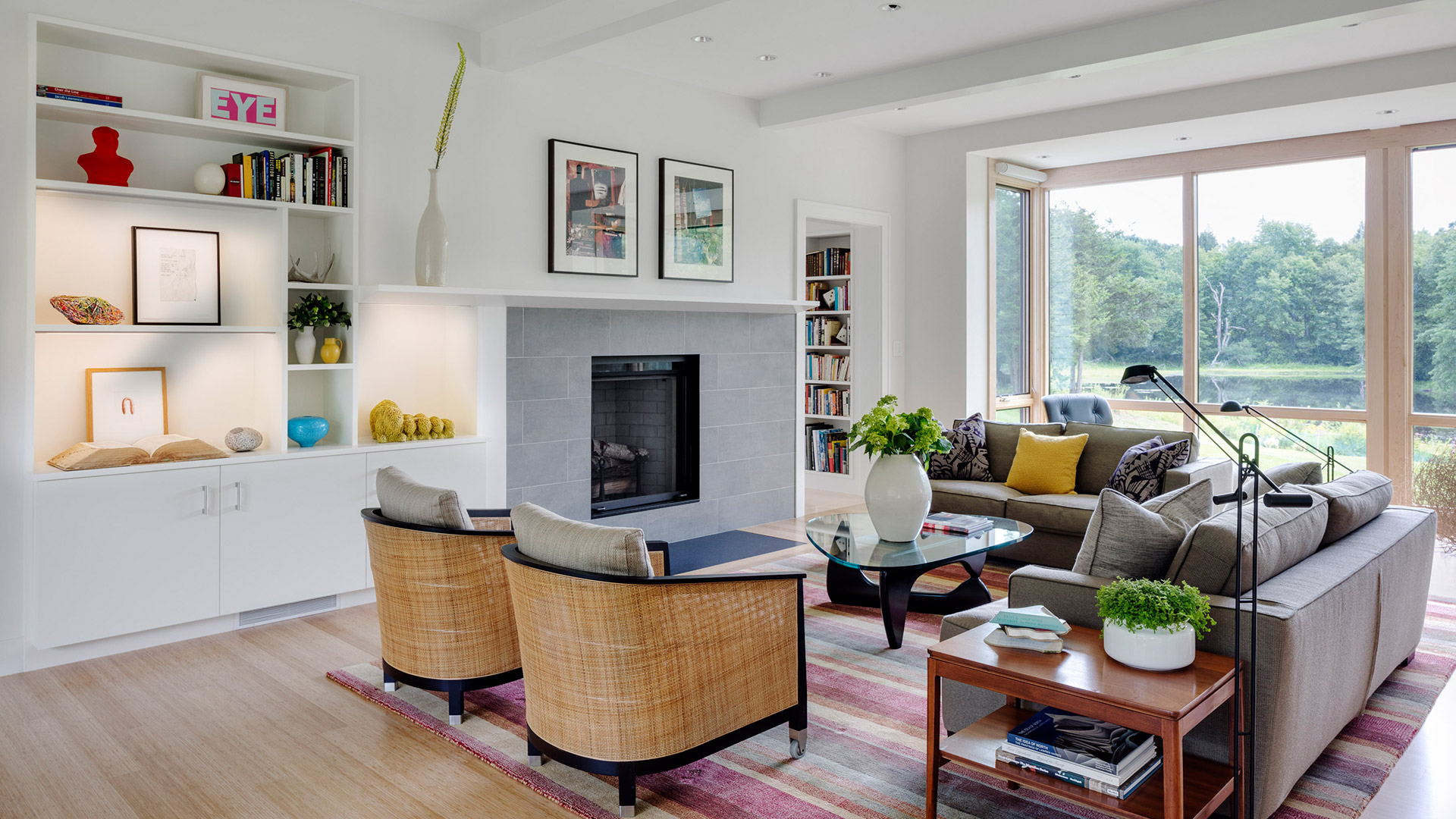 Concord Massachusetts modern living room with fireplace