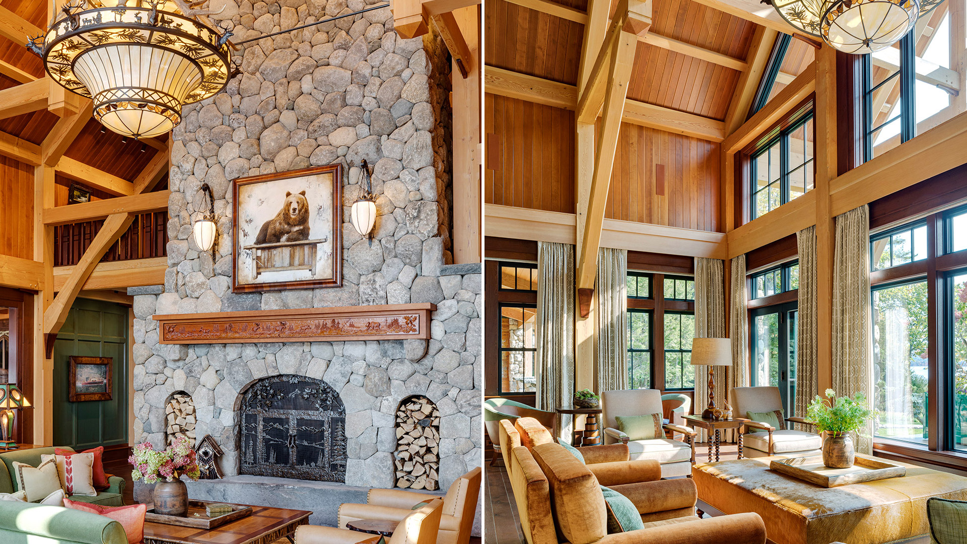 Lake Winnipesaukee, New Hampshire living room with heavy timber truss, stone fireplace and custom chandelier