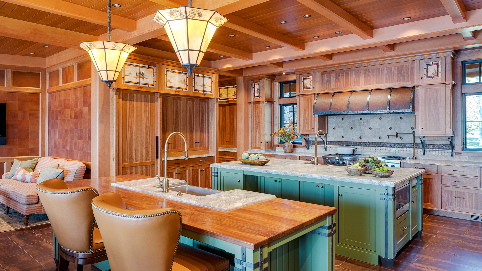 Lake Winnipesaukee, New Hampshire kitchen with dual islands and custom cabinetry