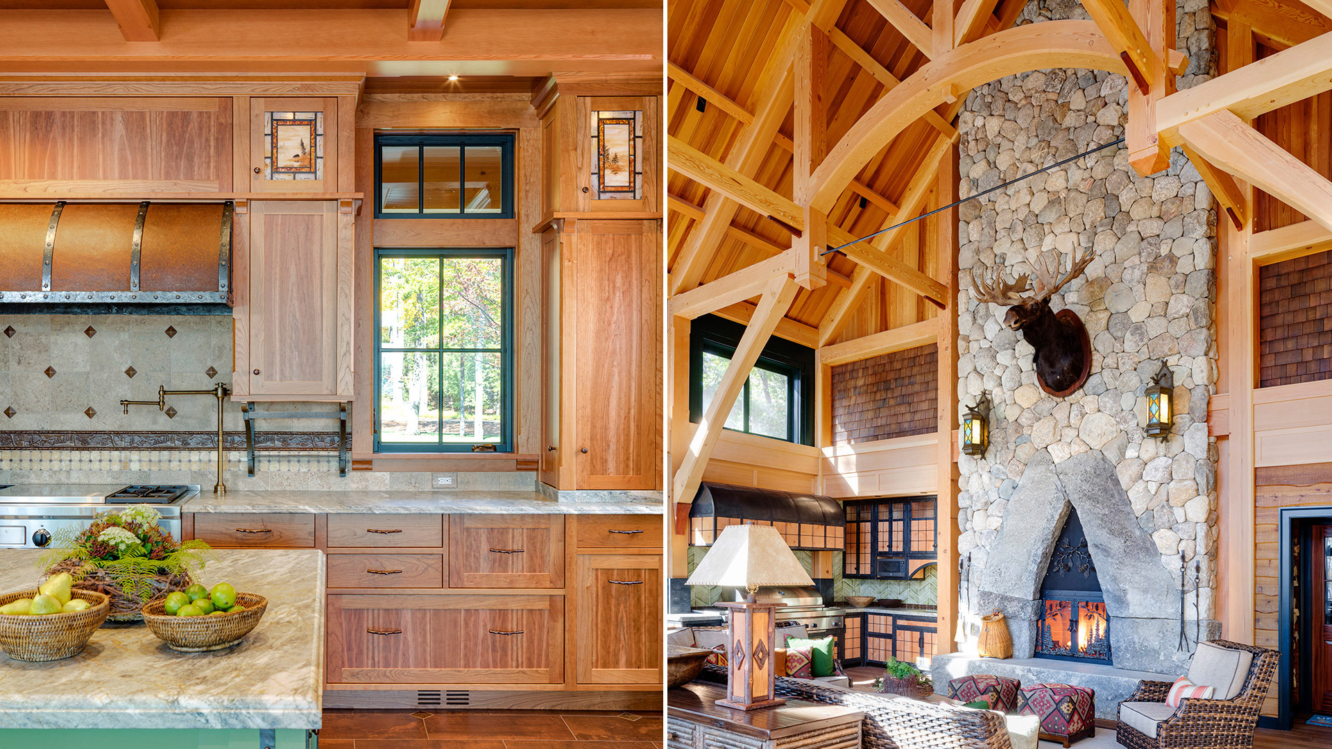 Lake Winnipesaukee, New Hampshire kitchen with custom cabinetry and screened porch with heavy timber trusses and stone fireplace