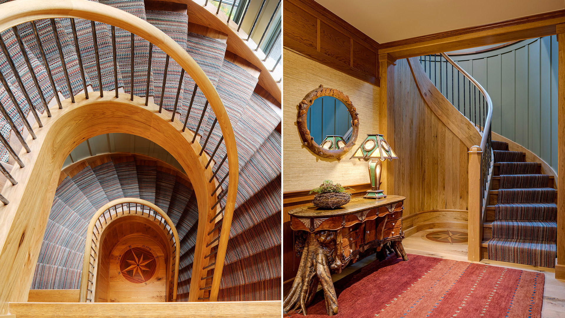 Lake Winnipesaukee, New Hampshire curved wood stair with metal balusters