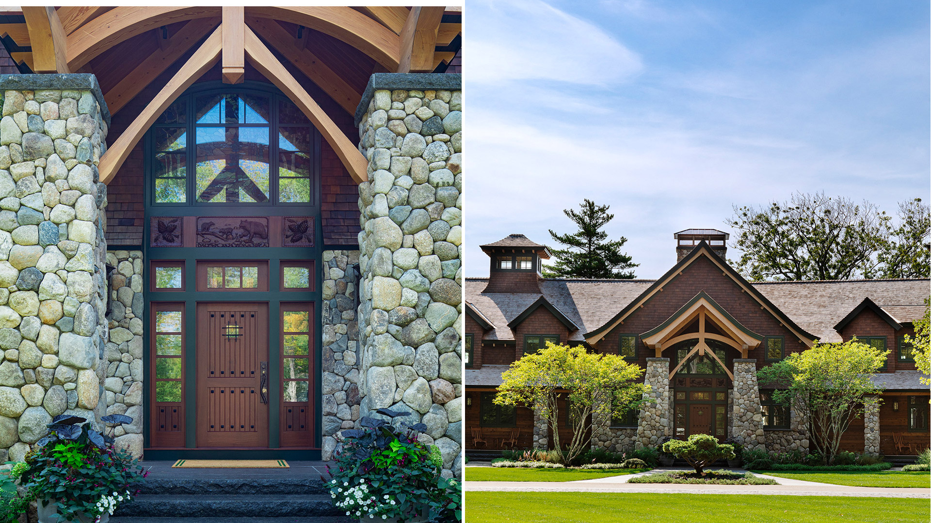 Lake Winnipesaukee, New Hampshire stone pier entrance with timber truss and hand carver door transom and stained glass